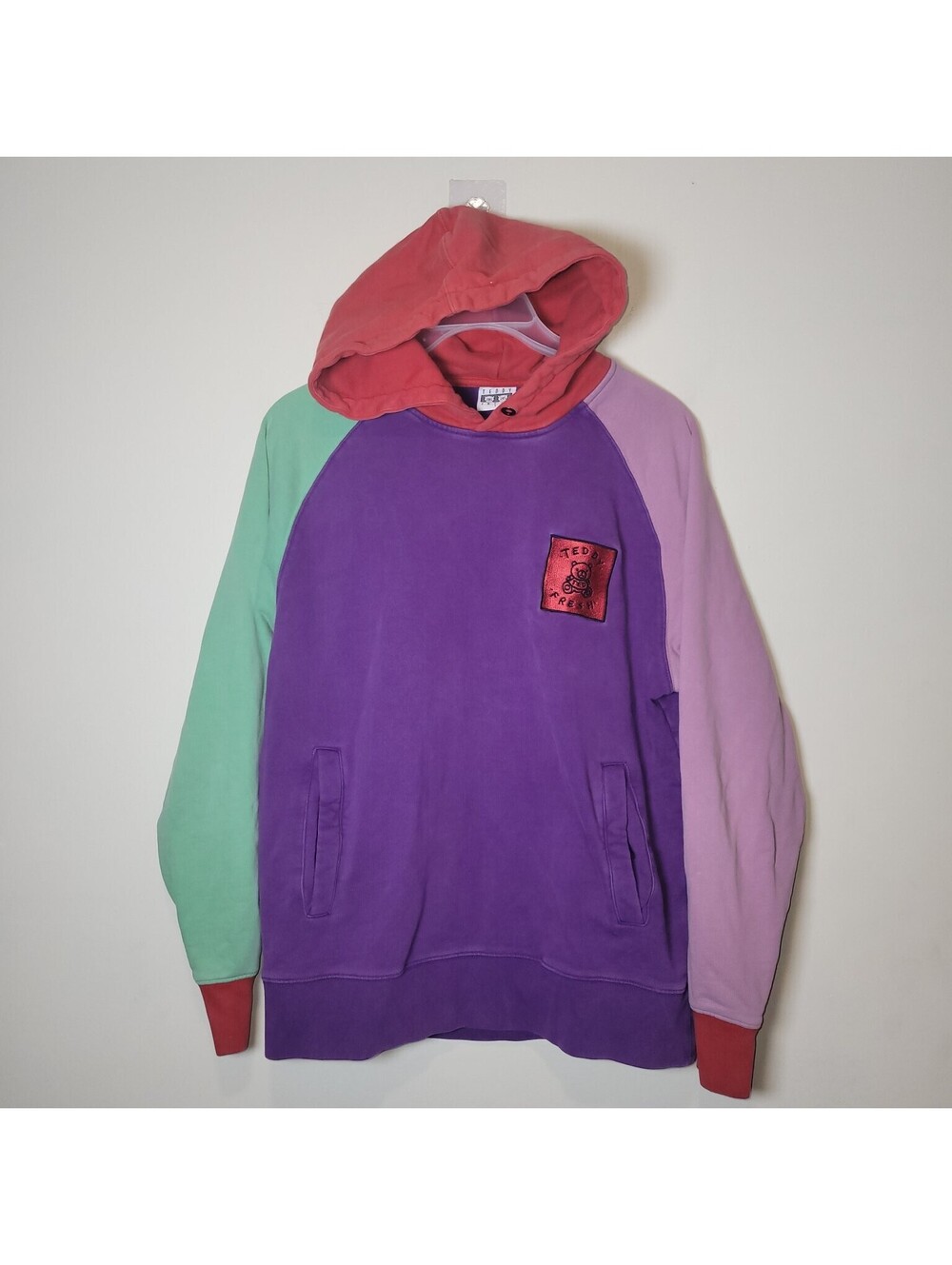 Teddy Fresh Colorblock Hoodie Men's Size L Pullover Purple Red Mint Pink